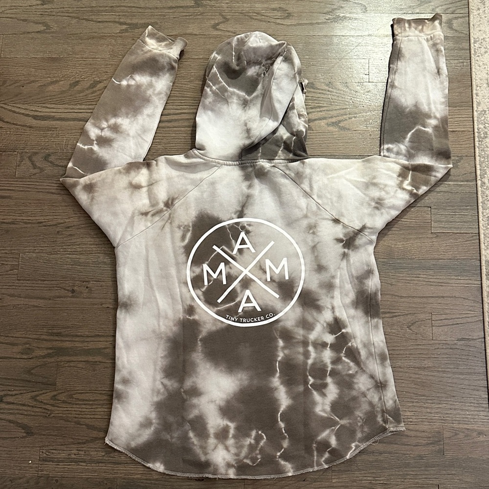 Womens’s Tiny Trucker Co. MAMA Gray White Tie-Dye Soft Hoodie Sweatshirt L